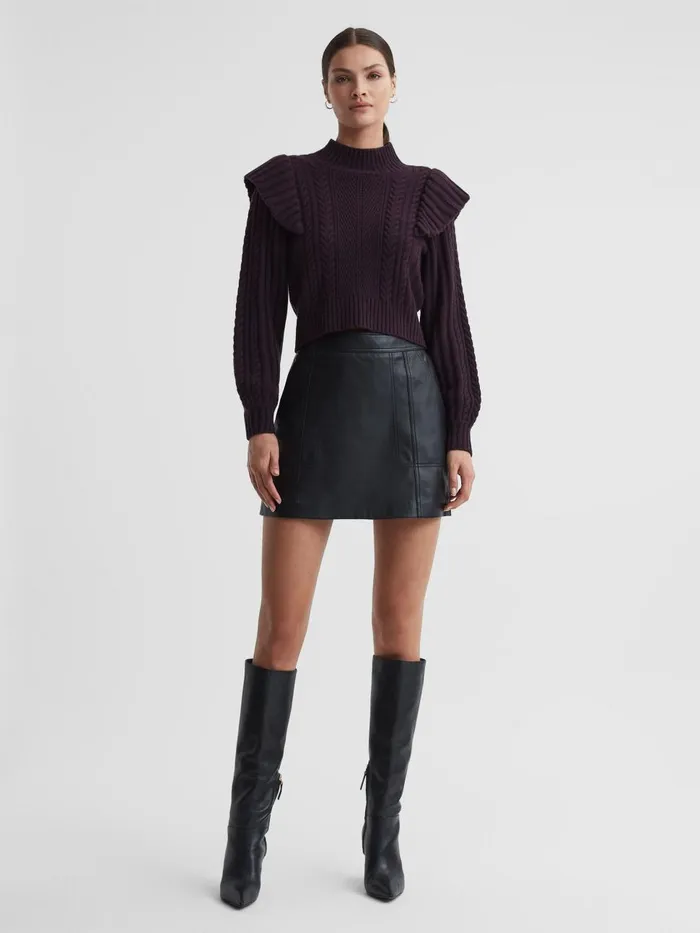 Women Reiss Knitwear Wool Blend Frill Jumper Black Cherry