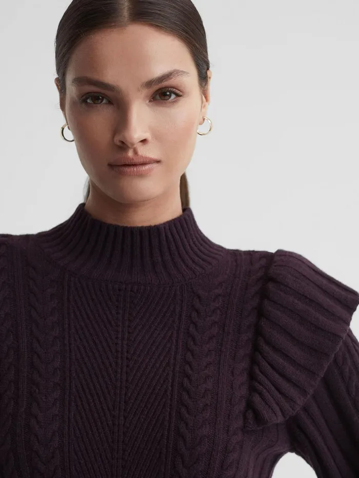 Women Reiss Knitwear Wool Blend Frill Jumper Black Cherry