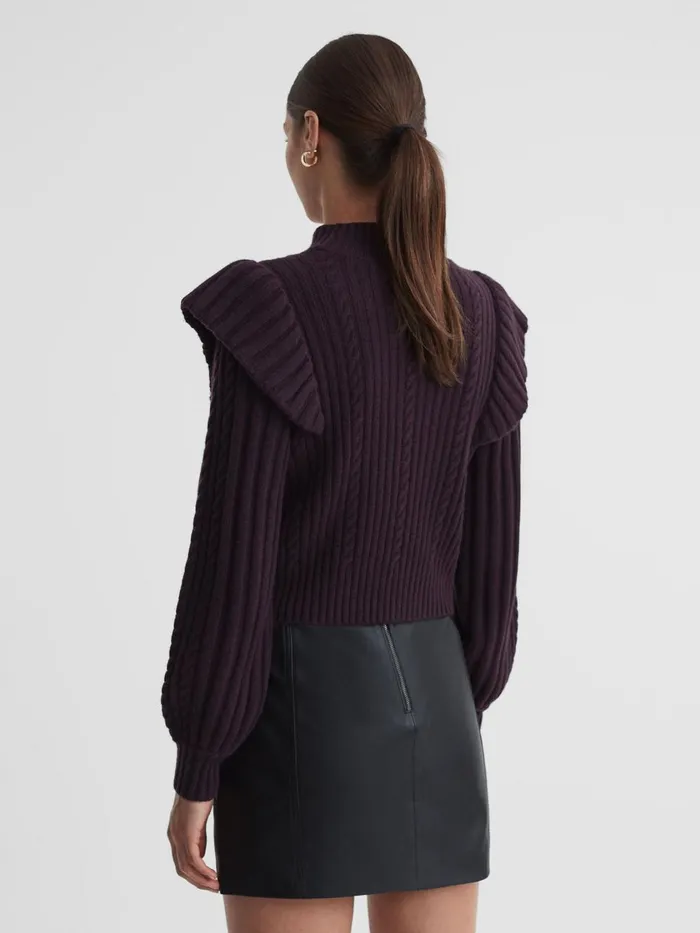 Women Reiss Knitwear Wool Blend Frill Jumper Black Cherry