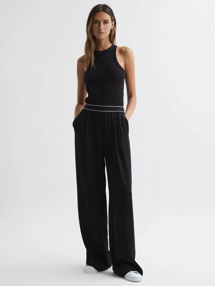 Women Reiss Pants Abigail Wide Leg Elasticated Trousers Black