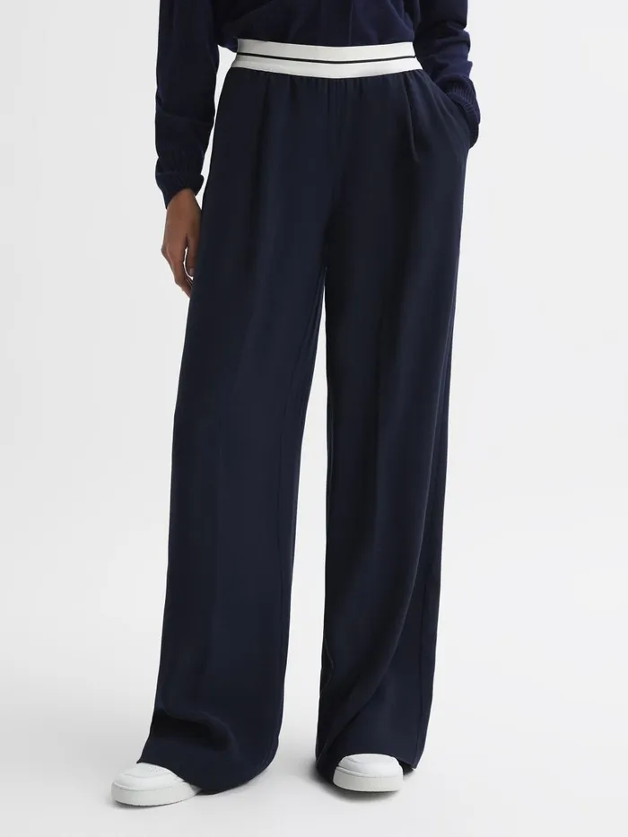 Women Reiss Pants Abigail Wide Leg Elasticated Trousers Navy