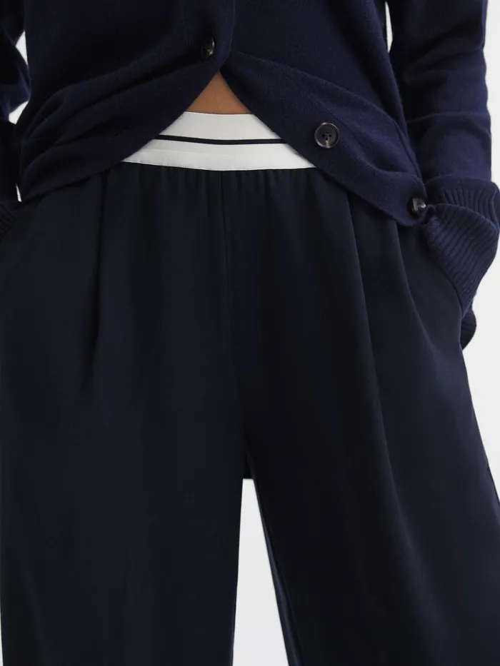 Women Reiss Pants Abigail Wide Leg Elasticated Trousers Navy
