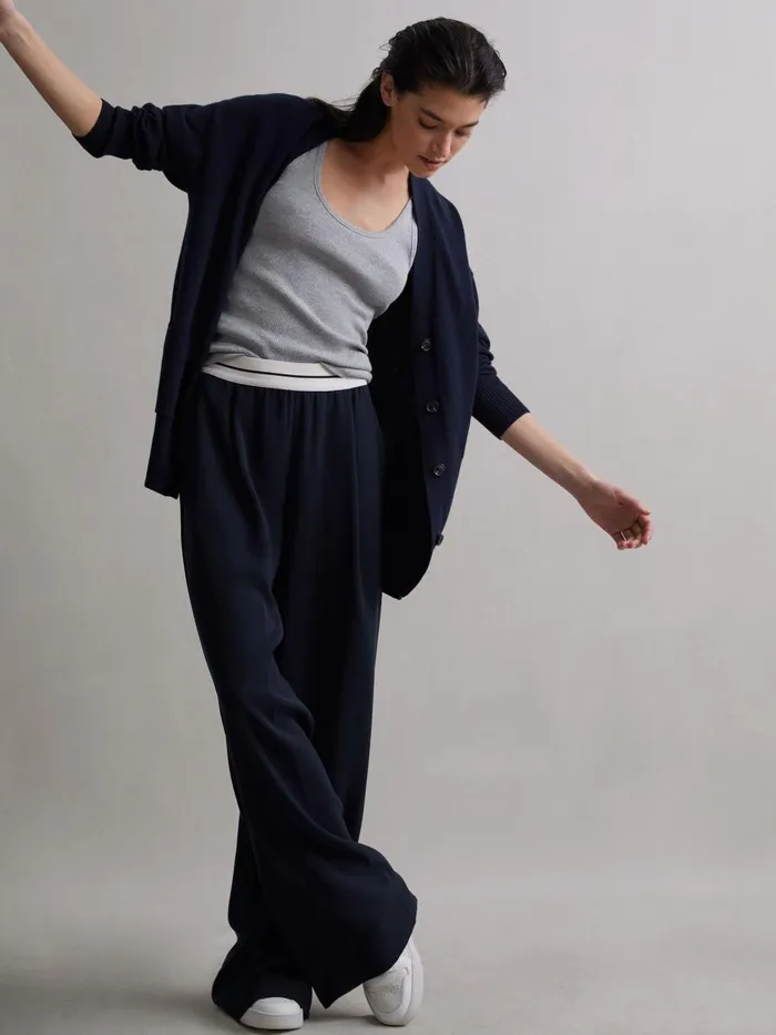 Women Reiss Pants Abigail Wide Leg Elasticated Trousers Navy