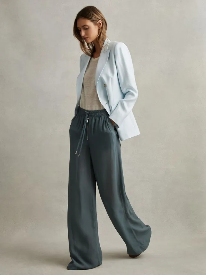 Women Reiss Pants Cameilla Drawstring ZipFront Wide Leg Trousers Blue