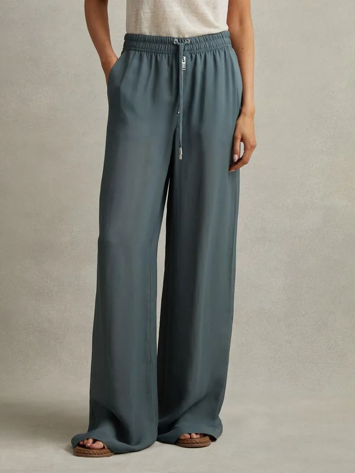 Women Reiss Pants Cameilla Drawstring ZipFront Wide Leg Trousers Blue