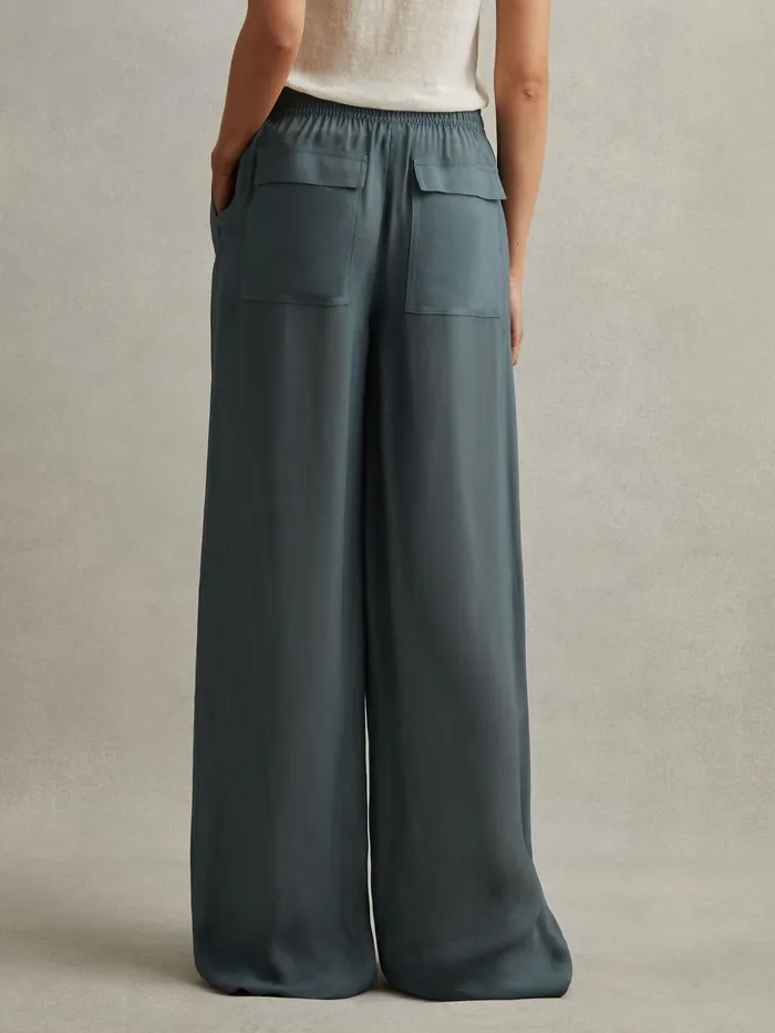Women Reiss Pants Cameilla Drawstring ZipFront Wide Leg Trousers Blue