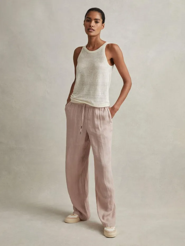 Women Reiss Pants Cleo Garment Dyed Wide Leg Linen Trousers Dusty Pink