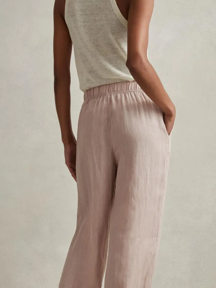Women Reiss Pants Cleo Garment Dyed Wide Leg Linen Trousers Dusty Pink