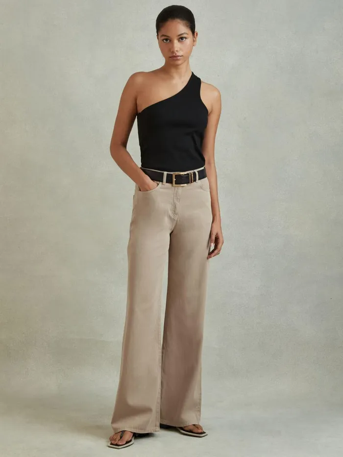 Women Reiss Pants Colorado Garment Dyed Wide Leg Trousers Light Camel