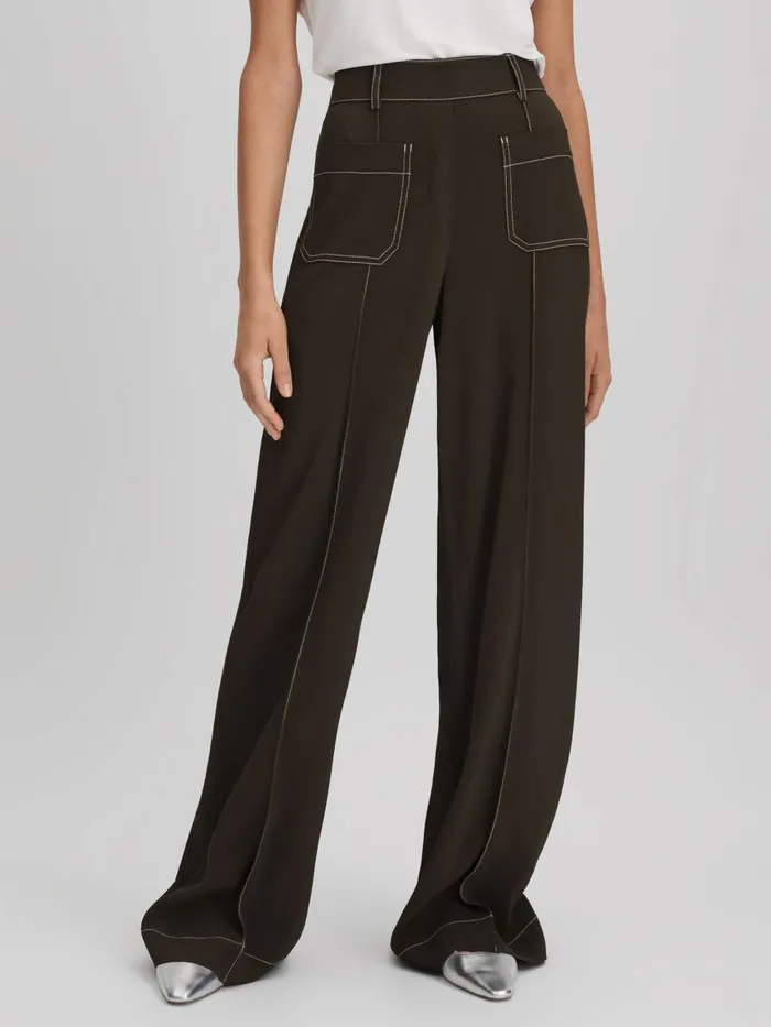 Women Reiss Pants Kylie Contrast Stitch Wide Leg Trousers Khaki
