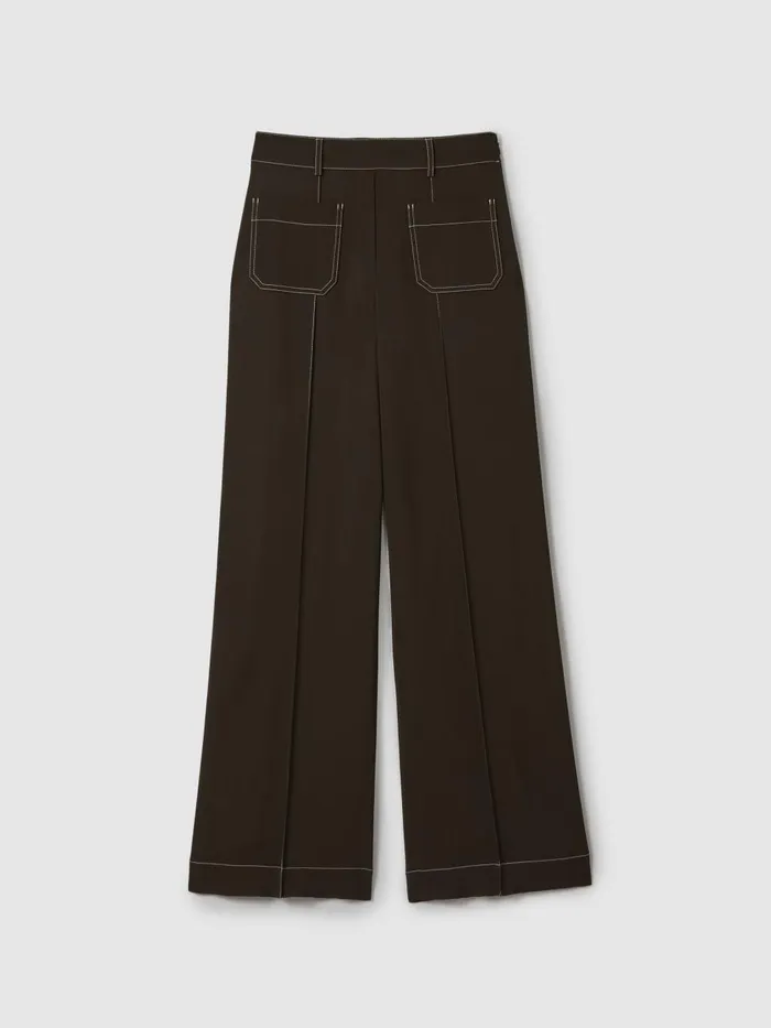 Women Reiss Pants Kylie Contrast Stitch Wide Leg Trousers Khaki