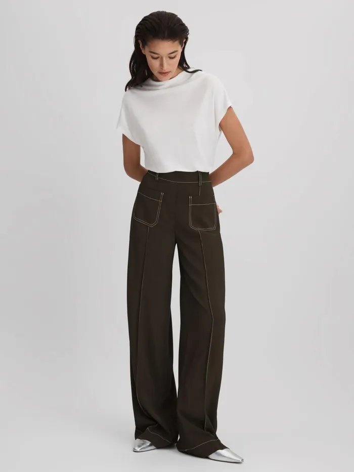 Women Reiss Pants Kylie Contrast Stitch Wide Leg Trousers Khaki