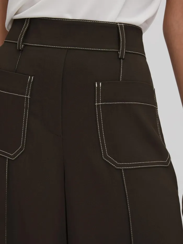 Women Reiss Pants Kylie Contrast Stitch Wide Leg Trousers Khaki