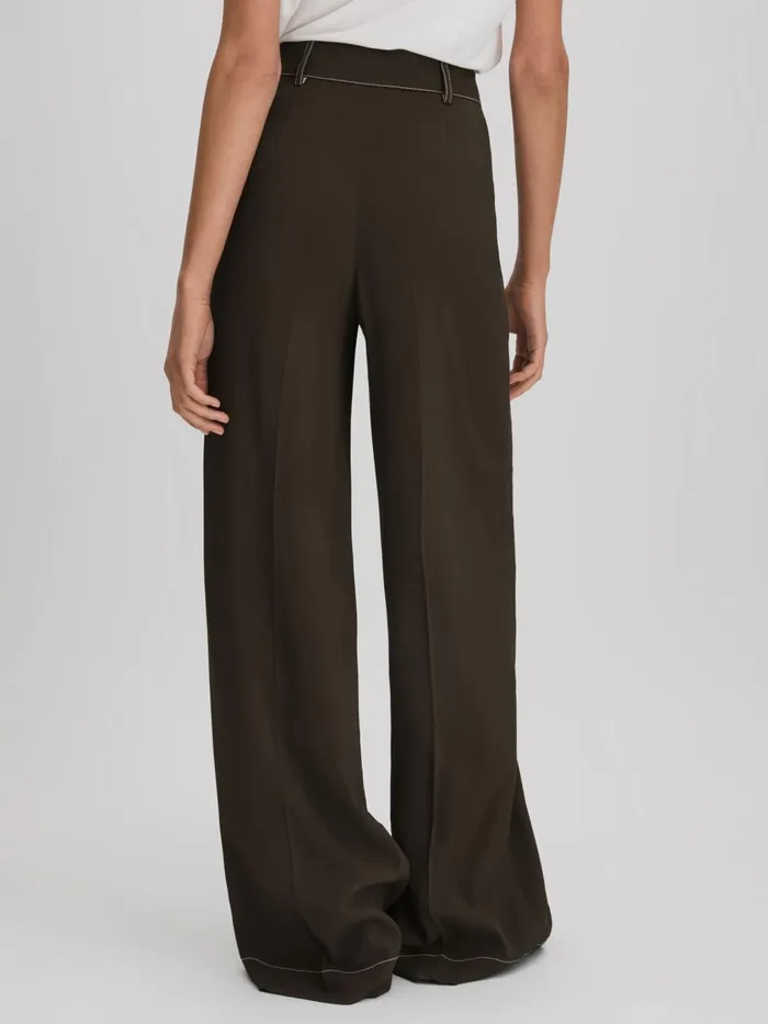 Women Reiss Pants Kylie Contrast Stitch Wide Leg Trousers Khaki