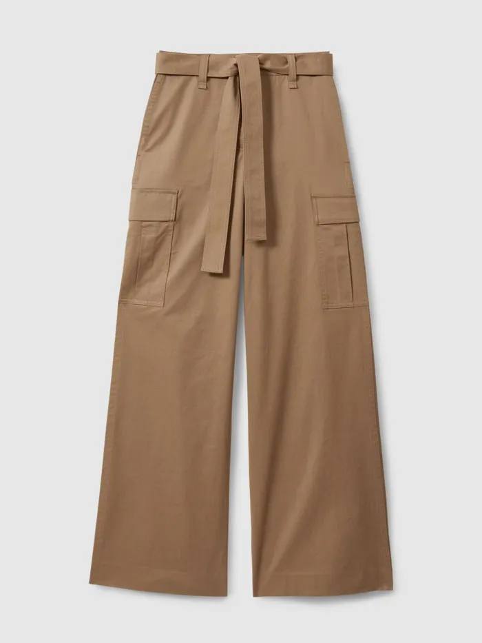 Women Reiss Pants Malia Cotton Blend Wide Leg Cargo Trousers Camel