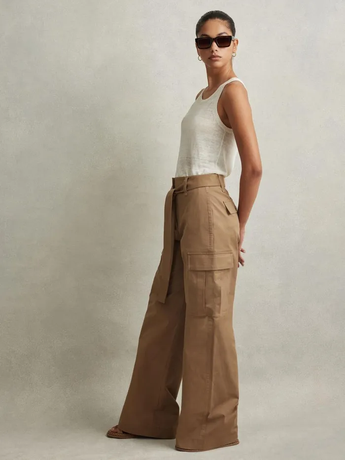 Women Reiss Pants Malia Cotton Blend Wide Leg Cargo Trousers Camel