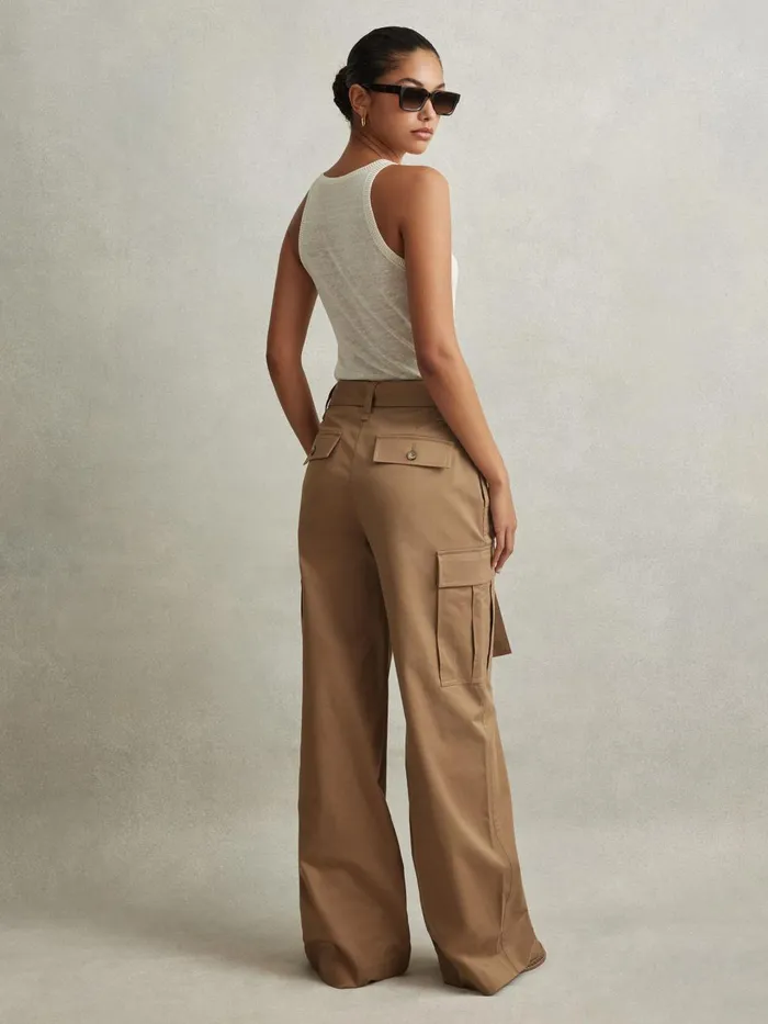 Women Reiss Pants Malia Cotton Blend Wide Leg Cargo Trousers Camel