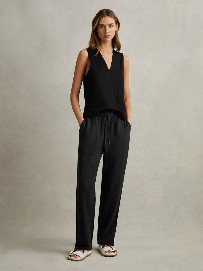 Women Reiss Pants Romie Drawstring Linen Trousers Charcoal