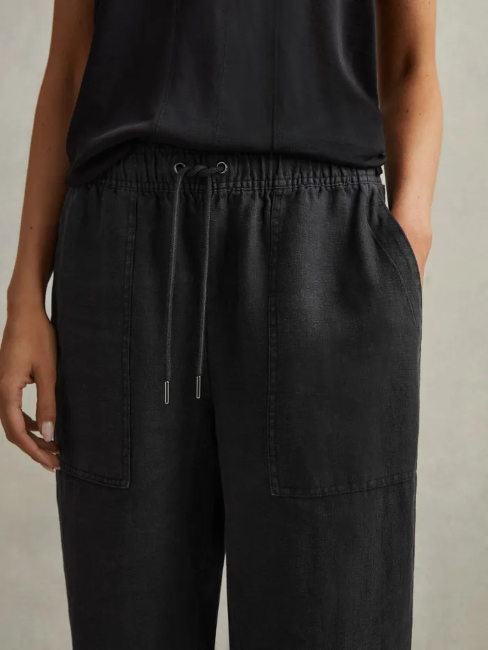Women Reiss Pants Romie Drawstring Linen Trousers Charcoal