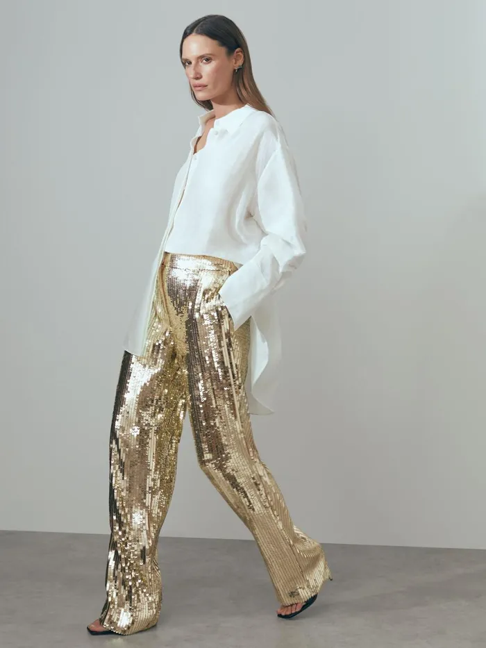 Women Reiss Pants Sequin Wide Leg Trousers Gold