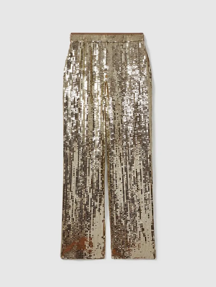 Women Reiss Pants Sequin Wide Leg Trousers Gold