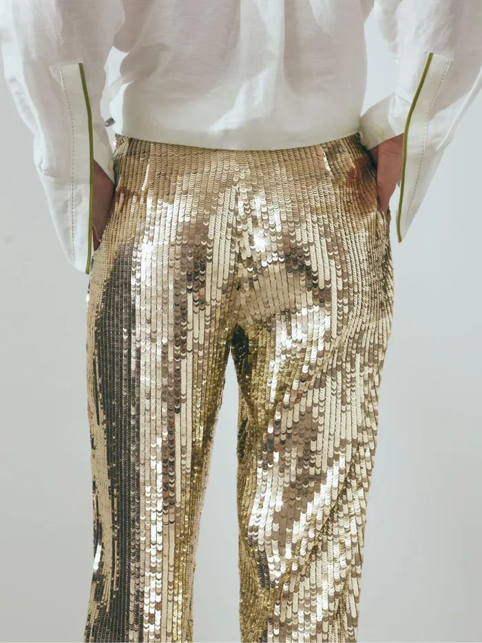 Women Reiss Pants Sequin Wide Leg Trousers Gold