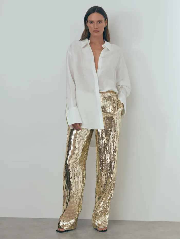 Women Reiss Pants Sequin Wide Leg Trousers Gold