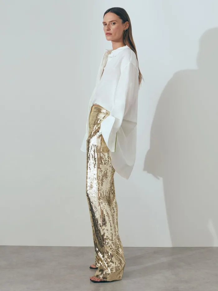 Women Reiss Pants Sequin Wide Leg Trousers Gold