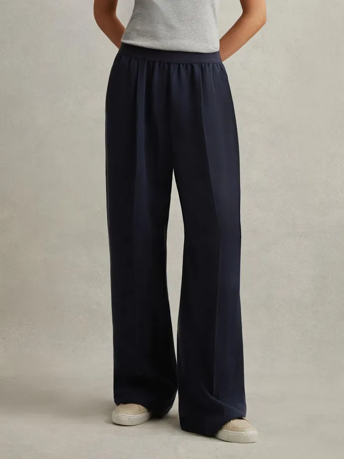 Women Reiss Pants Vera Lyocell Linen Wide Leg Trousers Navy