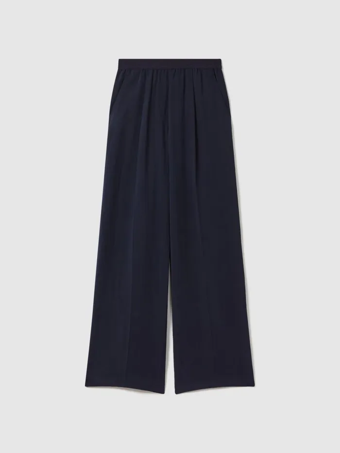 Women Reiss Pants Vera Lyocell Linen Wide Leg Trousers Navy