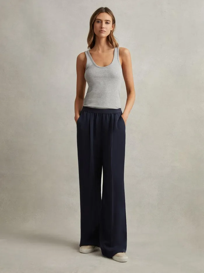 Women Reiss Pants Vera Lyocell Linen Wide Leg Trousers Navy