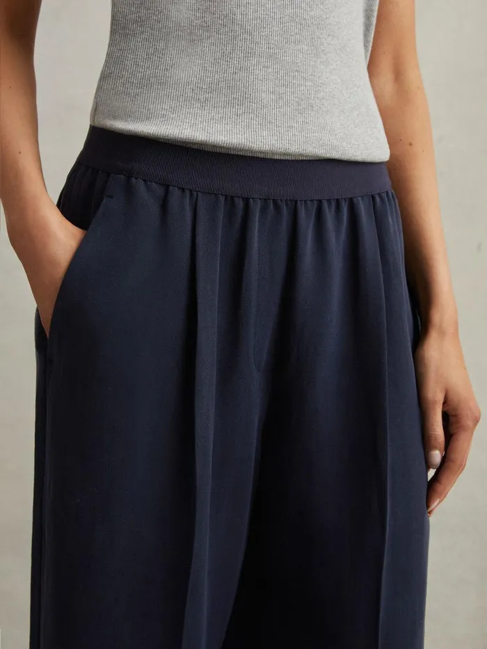 Women Reiss Pants Vera Lyocell Linen Wide Leg Trousers Navy