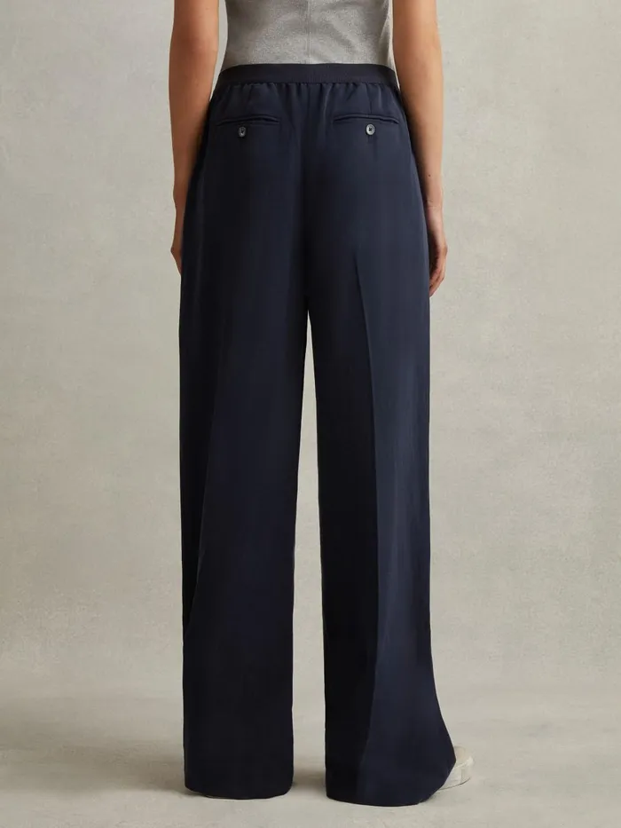 Women Reiss Pants Vera Lyocell Linen Wide Leg Trousers Navy