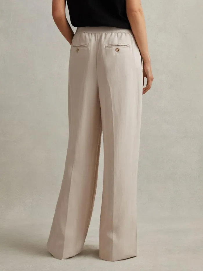 Women Reiss Pants Vera Lyocell Linen Wide Leg Trousers Oatmeal
