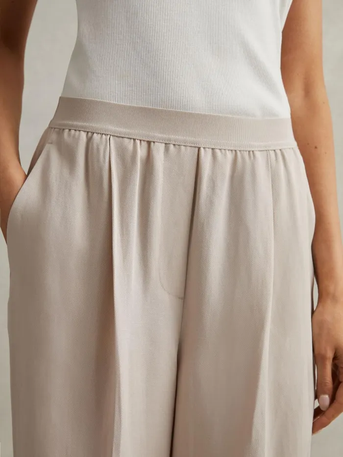 Women Reiss Pants Vera Lyocell Linen Wide Leg Trousers Oatmeal