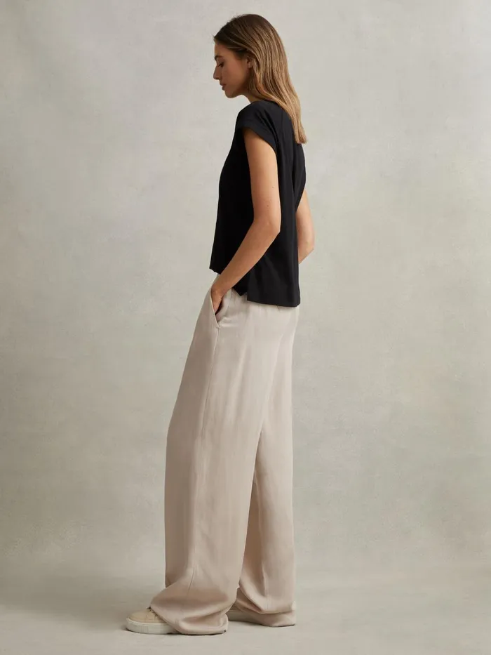 Women Reiss Pants Vera Lyocell Linen Wide Leg Trousers Oatmeal