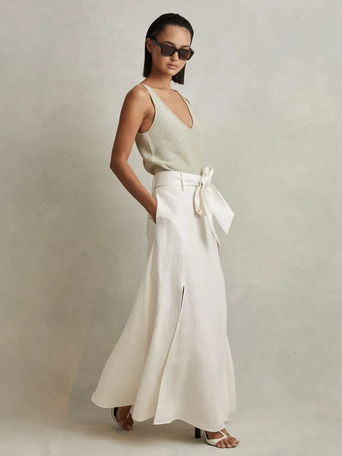 Women Reiss Skirts Abigail High Rise Linen Midi Skirt White