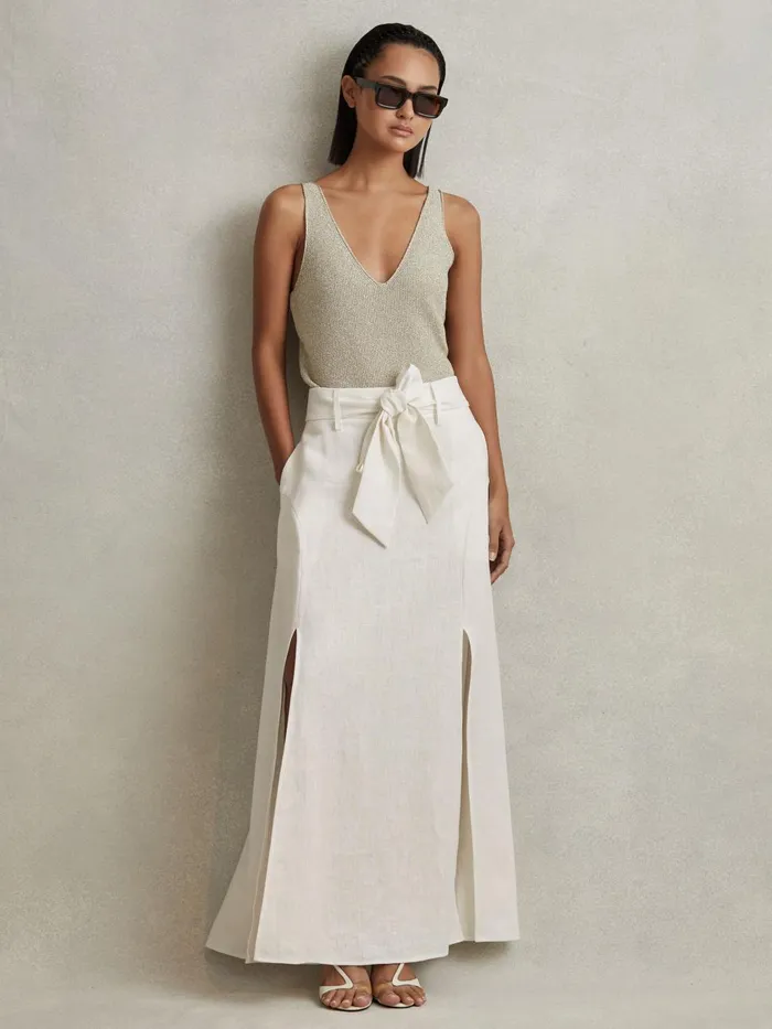 Women Reiss Skirts Abigail High Rise Linen Midi Skirt White
