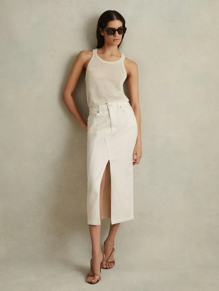Women Reiss Skirts Danica High Rise Denim Midi Skirt Ivory