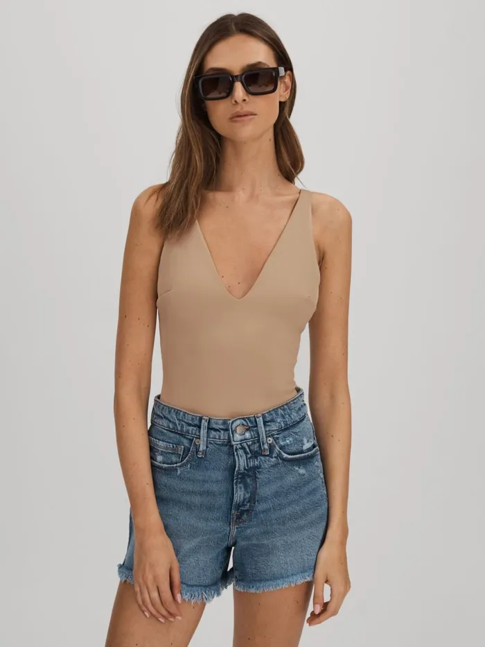 Women Reiss Tops American Good American Scuba VNeck Bodysuit Champagne Beige