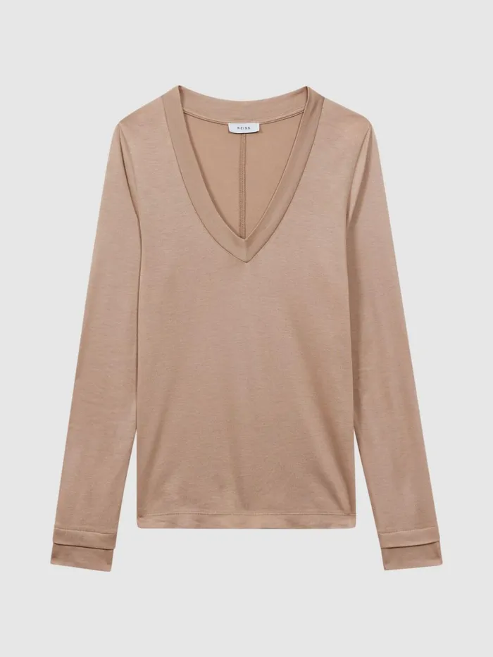 Women Reiss Tops Brady Jersey VNeck Top Camel