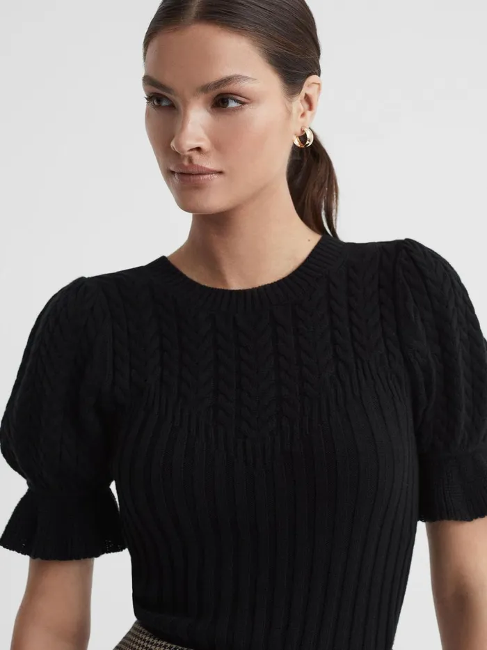Women Reiss Tops CottonSilk Puff Sleeve Top Black