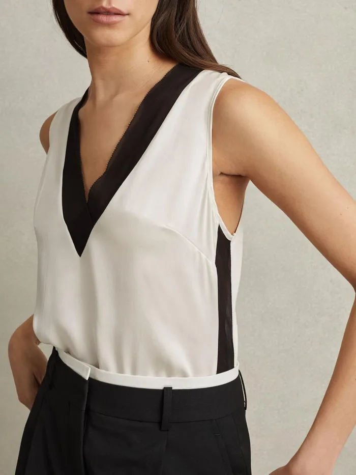 Women Reiss Tops Pippa Silk Front Colourblock Vest Ivoryblack