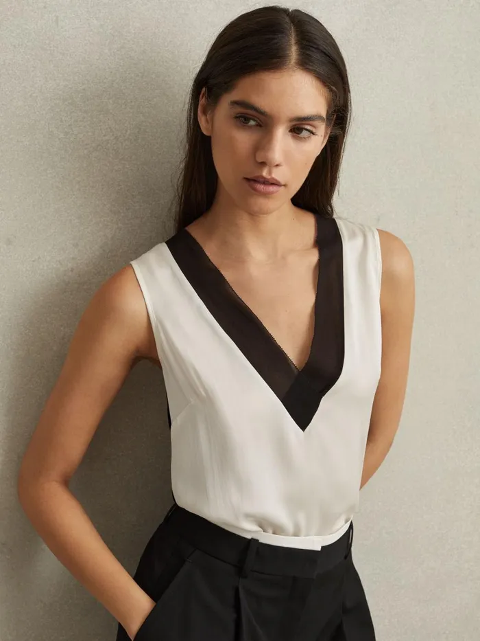 Women Reiss Tops Pippa Silk Front Colourblock Vest Ivoryblack