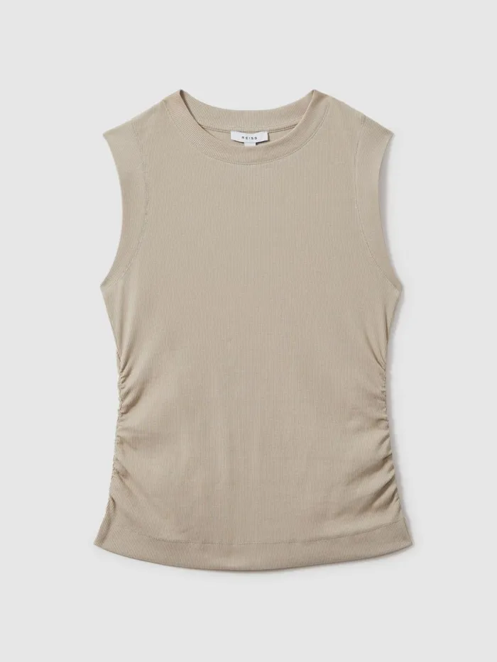 Women Reiss Tops Trudy Ribbed Ruched Waist Vest Camel