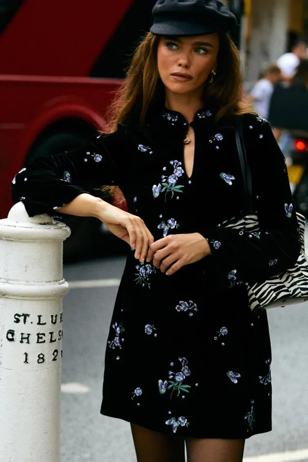 Women RIXO All Clothing Calla Velvet Mini Dress Blossom Embroidery Blue