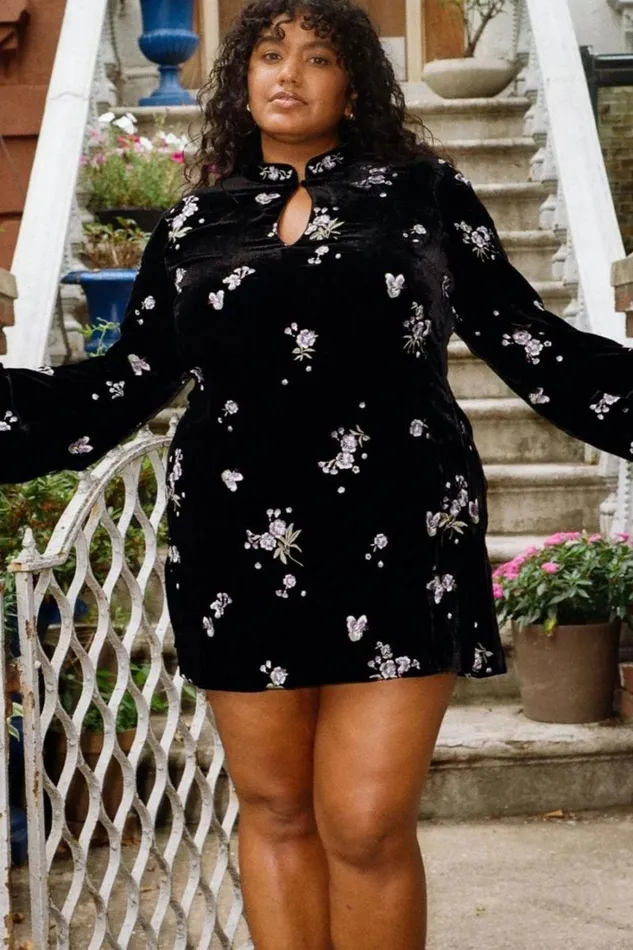 Women RIXO All Clothing Calla Velvet Mini Dress Blossom Embroidery Blue