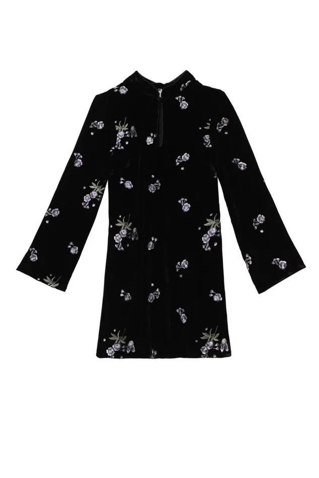 Women RIXO All Clothing Calla Velvet Mini Dress Blossom Embroidery Blue