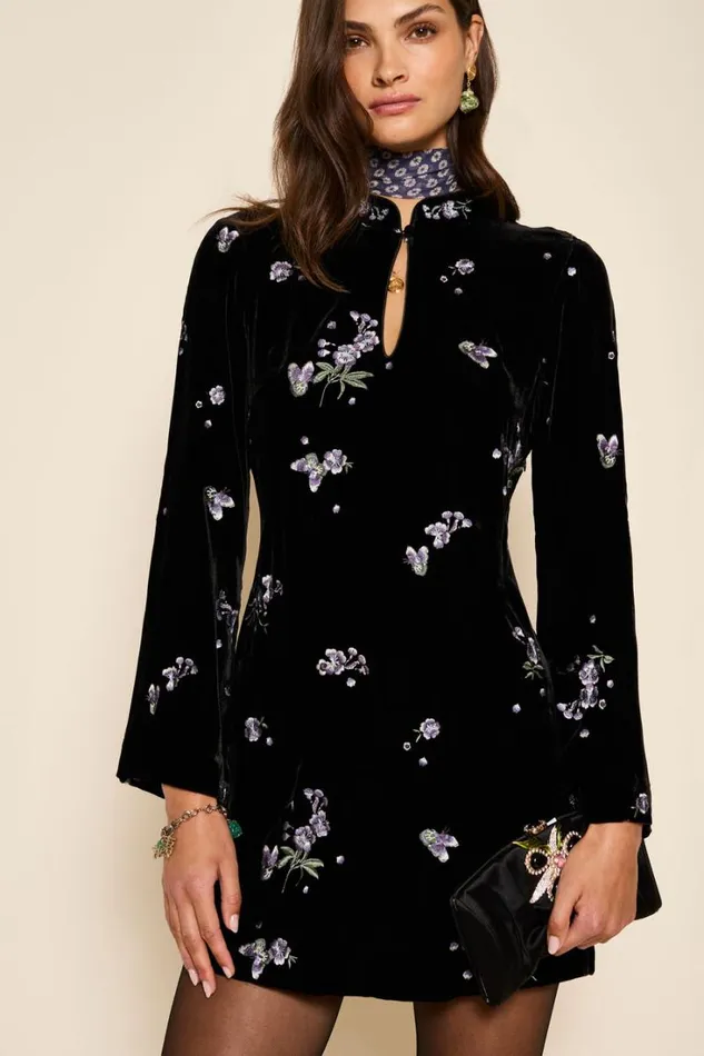 Women RIXO All Clothing Calla Velvet Mini Dress Blossom Embroidery Blue