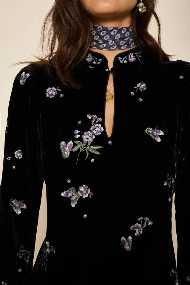 Women RIXO All Clothing Calla Velvet Mini Dress Blossom Embroidery Blue
